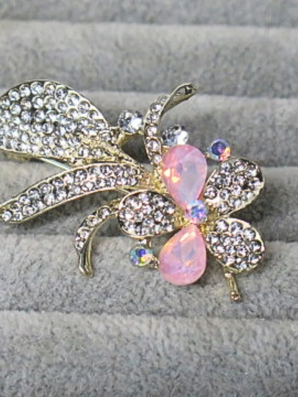 Gold Tone Pink Rhinestone Floral Leaf Statement Brooch Pin